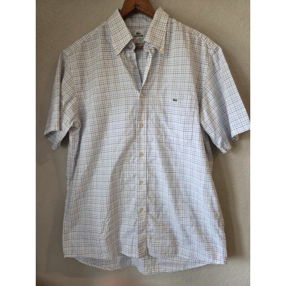 Lacoste, Mens Plaid Short Sleeve Button Up Polo Shirt Blue Size 42 Dress Top